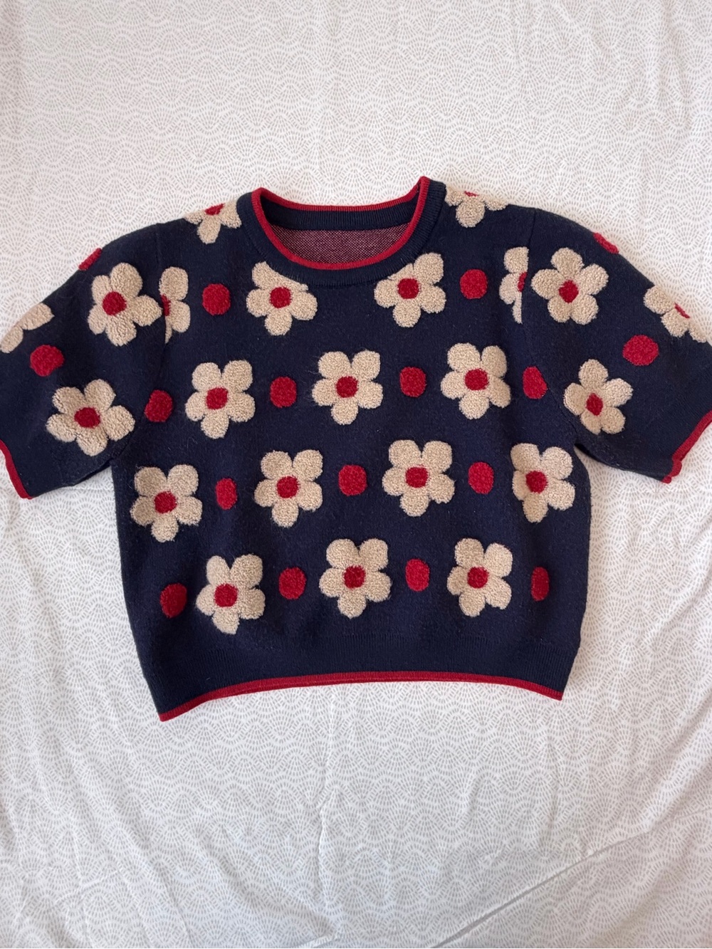 Cider Navy Short-Sleeve Floral Crew Sweater with Cream & Red Accents